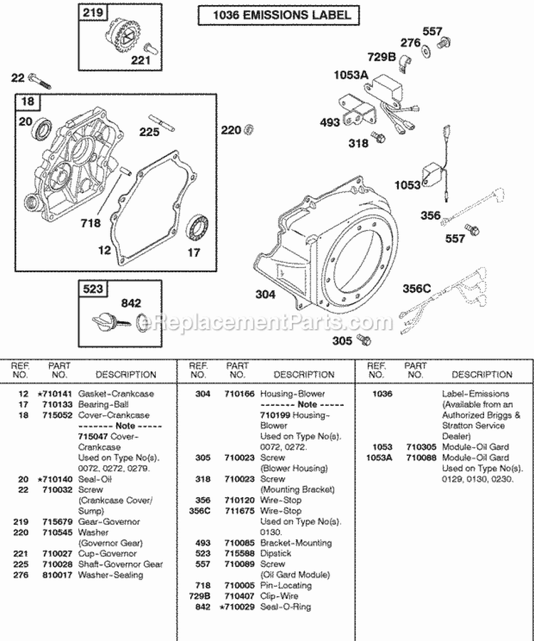 Blower Housing Crankcase CoverSump Diagram and Parts List for 085432-0230-B1  Briggs and Stratton Engine